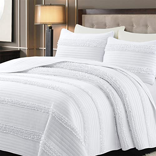 Safonory Stitched Ruffled Quilt Set Full/Queen Size(90"X96", White) - Summer Soft Lightweight Microfiber Ruffle Bedspread & Coverlets Bedding Set For King Bed - 3 Pieces(1 Quilt, 2 Shams) #TOP2