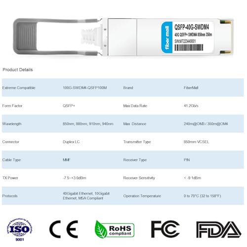 Image of 40GBASE-SR SWDM4 Optical Transceiver Module, Compatible with Extreme 100G-SWDM4-QSFP100M,40G QSFP+ 850 /880 /910 /940nm 350m Duplex LC MMF DDM
