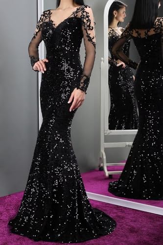 Sequin Lace Applique Prom Dresses 2025 Long Sleeve Ball Gown Mermaid Formal Wedding Party Evening Gown3