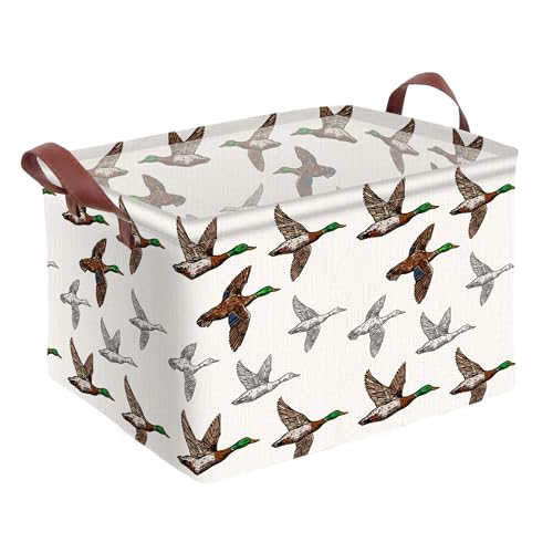 Image of Mallard Duck Storage Basket Waterproof Canvas Toy Storage Bin Mallard Duck Room Decor Collapsible Outdoor Basket with Leather Handles Blanket Baskets For Closets,Bedrooms,Gifts Baskets
