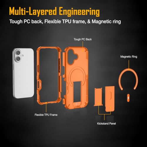 Image of ZAP CASE Matte Kickstand Case for iPhone 16 | Magsafe Compatible | Premium Polycarbonate Back + Flexible TPU Bumper | Foldable Stand | Military-Grade Drop Protection | Anti-Fingerprint | Orange