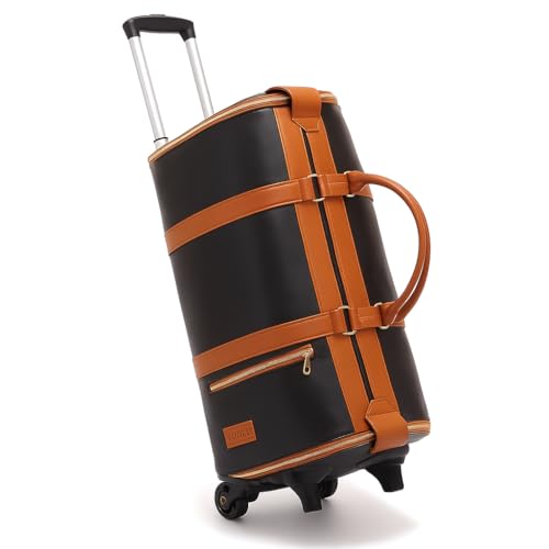 Image of FUOCO Carry On Travel Trolley Bag, PU Leather Mega Garment Duffle Bag for Women Men, Convertible Duffle Bag for Travel, 2 in 1 Hanging Suitcase Suit Traveling Bag 1 Year Warranty (Black Tan)