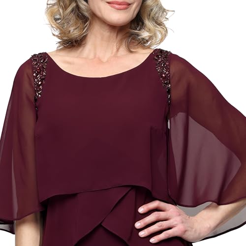 Image of S.L. Fashions Women's Tiered Chiffon Cocktail Party Dress with Attached Cape & Beaded Shoulders (Petite and Regular Sizes)
