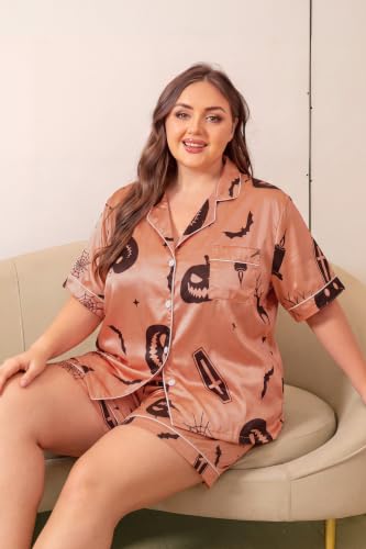 Image of Vozanet Women's Short Sleeve Satin Pajama Sets Silky Ladies Button Down Loungewear Plus Size Nighty Shorts Sets XL to 5XL