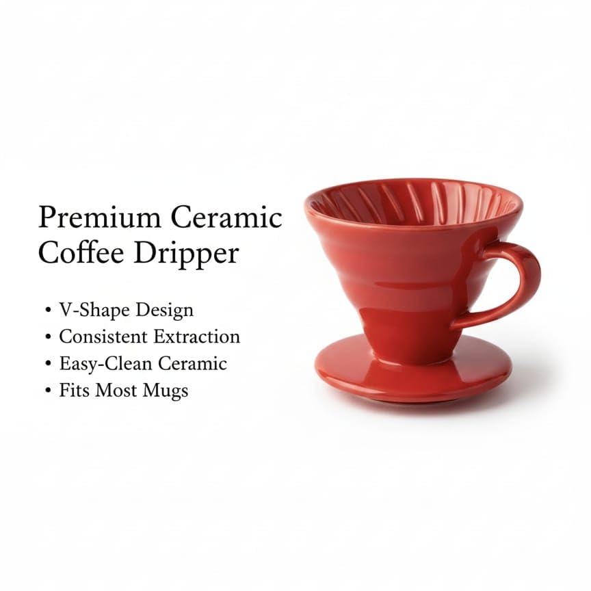 Image of Ceramic Pour Over Coffee Dripper, V60-02-Red, Reusable Coffee Filter Cone for Manual Brewing, Single Cup Coffee Maker,
