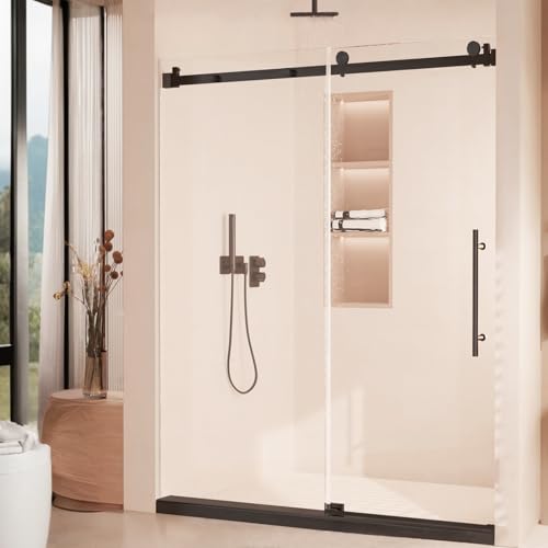 Image of Modern 60 inch w x 76 inch h (10Mm) Frameless Double Sliding Shower Door, Tempered Glass Shower Doors, Easy Installation for Walk-in Showers, Black Square Tube Black