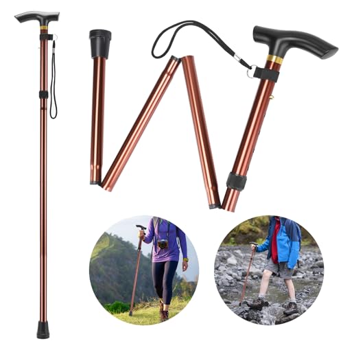 Thlevel Bastone Passeggio Pieghevole 5 Altezze Regolabili 83-93CM Bastoncini con Impugnatura a T e Cinturino Antiscivolo para Anziani, Escursionismo, Alpinismo