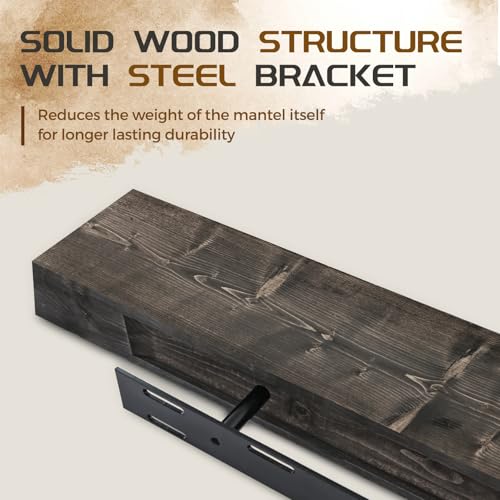 ABSWHLM 48x7x3 Fireplace Mantel - Solid Rustic Wood - Wall Mounted Floating Shelf with Invisible Heavy Duty Steel Bracket (Weathered Black)