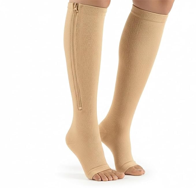 Anugrah Zip Socks Compression Socks with Zipper Supports Leg Knee Stockings Open Toe - (Beige) (L/XL)