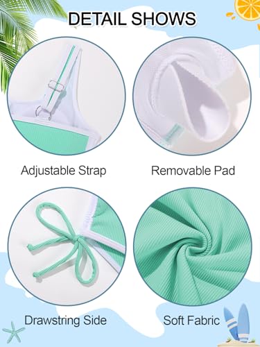 Image of Girls One Piece Swimsuits Ribbed Bathing Suit Teen Girls Adjustable Straps Drawstring Athletic Swimwear Swim Suit
