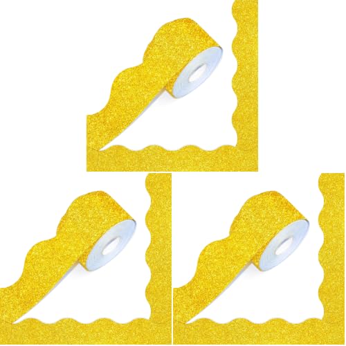 Image of 60 Feet Bulletin Board Borders, Golden Glitter Rolled Border Trim Scalloped Board Border with Wavy Line Design Decoration for School, Classroom & Office (Pack of 3)