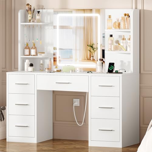 Image of FIONESO Large Vanity Desk with LED Lighted Mirror & Power Outlet, Makeup Vanity Table with 7 Drawers,4 Shelves and 5 Hooks, White Vanity for Bedroom, Bathroom