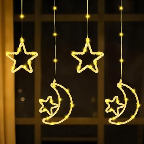 Coverzone Su Geçirmez 3 Metre Led Işıklı Ay ve Yıldız Işık Zinciri Dekoratif Fişli Aydınlatma Ev Dekorasyonu Salon Oda Merdiven Balkon Süslemeleri için Yılbaşı Eğlence Doğum Günlerine Özel Aydınlatma