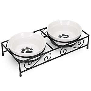 Navaris Ceramic Pet Bowl Set – Food Water Bowls for Cats, Small Dogs and Puppies with Non-Slip Retro Metal Stand – Set of Bowls, 10.8 oz Each