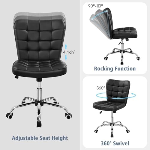 Yaheetech Modern Tufted Armless Desk Office Chair Faux Leather Upholstered Computer Chair with Adjustable Seat Height and Rolling Wheels for Home/Office, Black