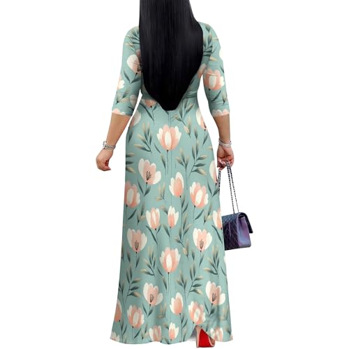 Image of PinkPatty Plus Size Maxi Dress for Women Casual V Neck 3 /4 Sleeve Boho Printed Long Dress with Pockets