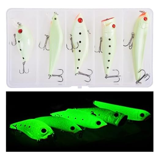 OROOTL Glow Fishing Lures Kit Luminous VIB Popper Crank Minnow Pencil for Night Fishing Glow in The Dark Artificial Hard Baits with Treble Hook for Bass Trout Catfish Saltwater Freshwater