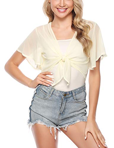 iClosam Women Tie Front Chiffon Shrug Short Sleeve Cropped Sheer Bolero Shrug Cardigan (Beige, Medium)