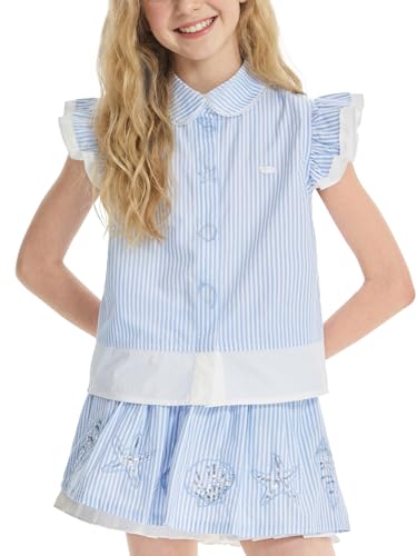 Image of Girls Blue Striped Peter Pan Collar Blouse Ruffle Sleeve Cute Pullover Summer Top for 6-7Y