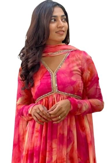 fibreza Women's Georgette Floral Gown with Dupatta-picture-19