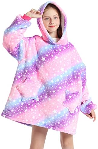 Kids Oversized Hoodie Blanket Fleece Sherpa Snuggle Sweatshirts Cute Animals Pattern Fluffy Pullover Ultra Soft Winter Warm Wearable Blanket for Boys Girls