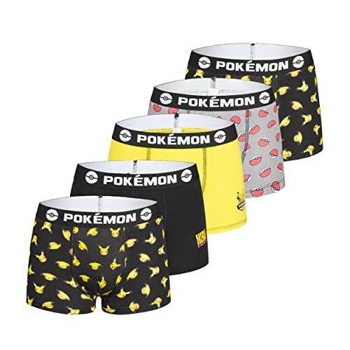 Pokemon Freegun Boxer Enfant, Calecon Garçon, Pikachu, Stretch, Léger (Lot de 5), Noir, Jaune, Rouge, Blanc, Taille 6/8 Ans