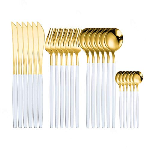 Ménagère de cuisine ensemble de couverts en acier inoxydable doré et blanc de 24 pièces
