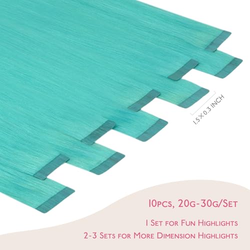 Image of WENNALIFE Tape in Hair Extensions Human Hair, Teal Green 10pcs 30g 20 inch Remy Invisible Tape Ins Straight Colored Soft Real Human Hair Refill Set Extensions