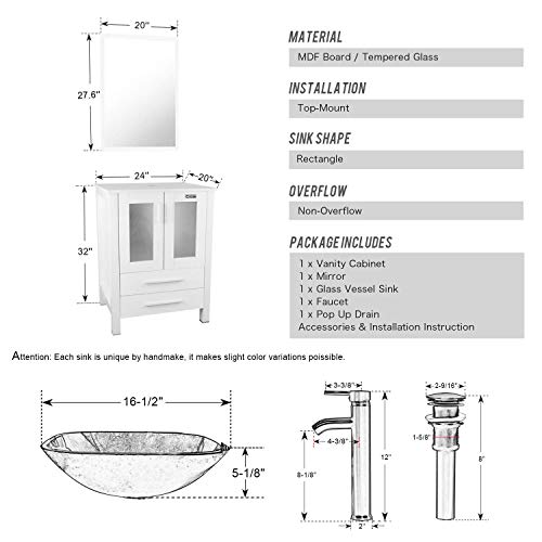 Eclife 72’’ Bathroom Vanity Sink Combo W/White Side Cabinet Vanity Turquoise Square Tempered Glass Vessel Sink & 1.5 Gpm Water Save Faucet & Solid Brass Pop Up Drain, With Mirror (2A10 2B02W 2B11W) #TOP2