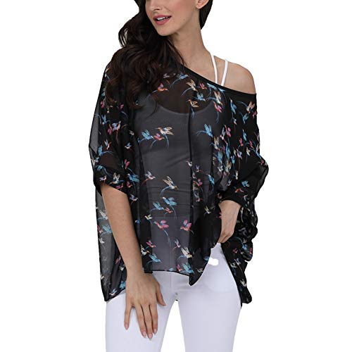 Image of Ckikiou Plus Size Batwing Flowy Semi Sheer Chiffon Blouse Tunic for Women Summer Floral Print Boho Beach Cover ups