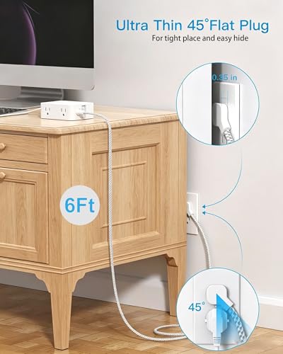 Image of One Beat Surge Protector Power Strip, 6 Ft Ultra Thin Flat Extension Cord with 8 Outlets 4 USB Ports(2 USB C), Flat Plug Power Strip, Braided Power Strip for Home, Office, Dorm Room Essentials