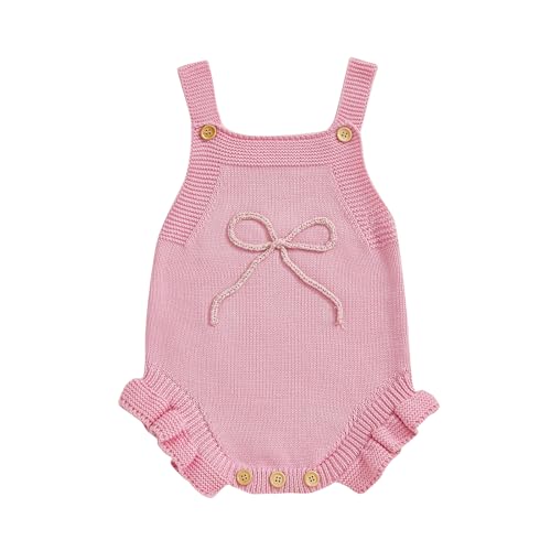 KtwHarnu Newborn Baby Girl Clothes Bow Embroidery Romper Sleeveless Knit Romper Jumpsuit Sweater Bodysuit One-Piece Outfit (A-Pink, 0-3 Months)