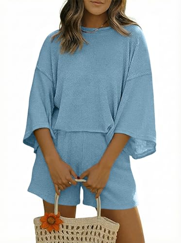 Image of Tankaneo Womens Short Sets 2 Piece Outfits 3 /4 Sleeve Tops and Elastic Waist Shorts Lounge Set Casual Loungewear