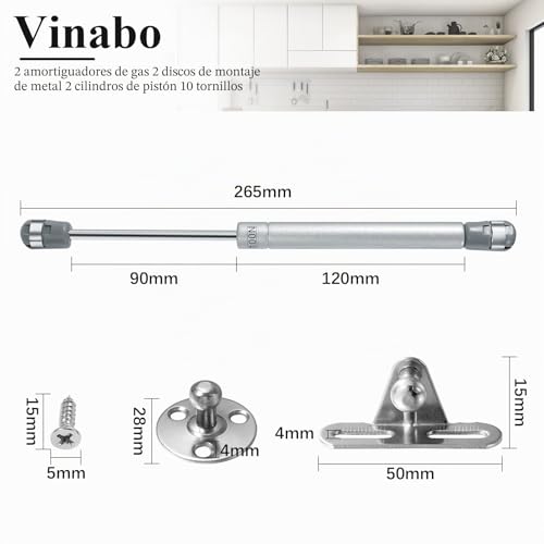 Miniatura 6 de Vinabo 2pcs Amortiguadores De Gas 100n, Resorte De Compresión Para Puertas Armario, Bisagra Armario Con Tornillos, Pistones A Gas Muebles Cocina Amortiguadores Muebles Bisagras Puertas Cocina