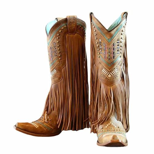 VARECOLA mid calf Boots for Women, Fringe Embroidered Western Cowgirl Boots with Pointed Toe, Wide Cowboy Boots with Chunky Heel3