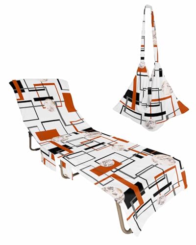 Orange Geometric Beach Lounge Chair Towel Cover, Soft Chaise Lounge Towel with Side Pockets Patio Pool Chairs Cover for Beach/Pool Sunbathing 29x85 Black Grey Modern Abstract Art Marble