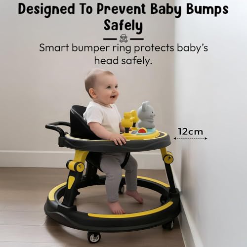 Image of StarAndDaisy Baby Walkers for 6-24 Month Baby boy 360 Walker for Kids for 6-24 Months with RGB Light, 7 Level Height Adjustment, Baby Walker with Switchable Food & Musical Toy Tray -Yellow Black
