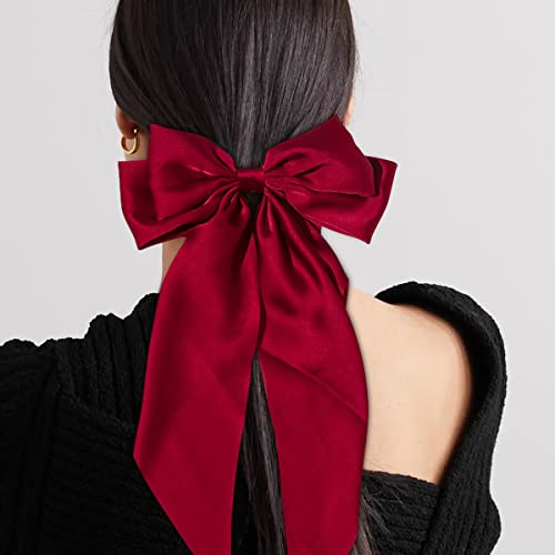 Jumbo Bow Clip With Tails Hair Bow Clip For Woman Girls Silky Satin Hair Barrettes Clip Large Bow Hair Slides Metal Clips French Barrette Long Tail Bowknot Hairpin Hair Pins Accessories (Red) #TOP5