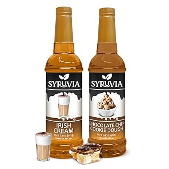 Syruvia Irish Cream & Chocolate Chip Cookie Dough Coffee Syrup - 25.4 fl oz Premium Coffee Flavoring Syrup. Kosher and Gluten-Free. Perfect for Drinks, Sodas, Shakes, Desserts, More.