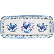 UPware Blue Rooster Melamine Serving Tray, 15 x 6.5 Inch Rectangular Serving Platter, BPA Free Food Tray for Party Entertaining