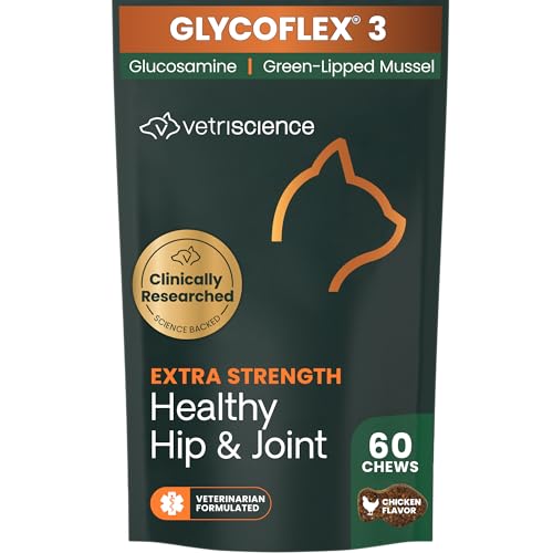 VetriScience Extra Strength Healthy Hip & Joint Chews, GlycoFlex Glucosamine and Green-Lipped Mussel Joint Support Supplement for Cats, Promote Mobility and Soothe Joint Discomfort, Chicken, 60 Count