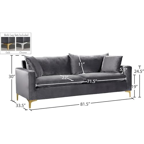 Meridian Furniture Naomi Collection Stainless 1 Modern | Contemporary Velvet Upholstered Sofa With Stainless Steel Base In A Rich Gold Or Chrome Finish, Grey #TOP6