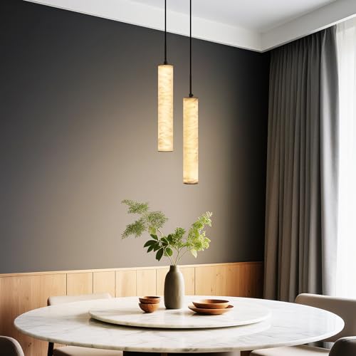 Image of LMQNINE Natural Alabaster Pendant Lights for Kitchen Island White Marble Long Tube Chandelier 4000K Modern Black Ceiling Light Fixtures for Bedroom Dining Room Table Living Room Hallway(M-2Light)