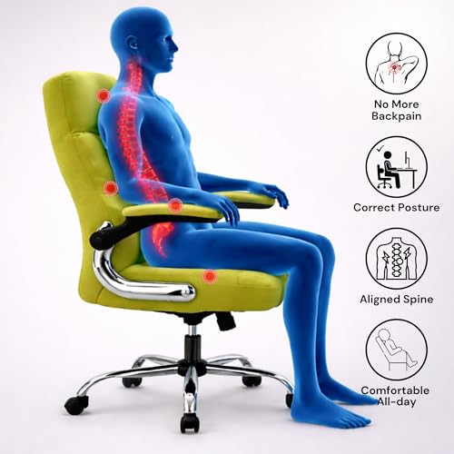 Image of LAKDI Furniture Co Premium Velvet Fabric High Back Office Chair with Adjustable Tilt, Flip-Up Arms, Ergonomic Thick Padding | Executive Boss Chair-111011268-02-Green | 5 Years Warranty & Free Assembly
