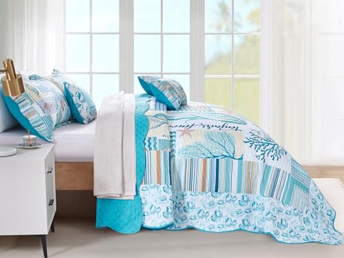 Image of HZ & HY Coastal Oversized King Bedspread, Reversible Beach Pattern Quilt Set King /Cal King, Lightweight Coverlet, Scalloped Edge - Coral Reef Coastal Look, 6 Piece, Coral