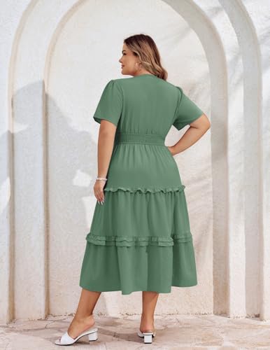 Image of Hanna Nikole Women's Plus Size Summer Casual Dress 2025 V Neck Empire Waist Tiered Flowy Beach Vacation Dress with Pockets