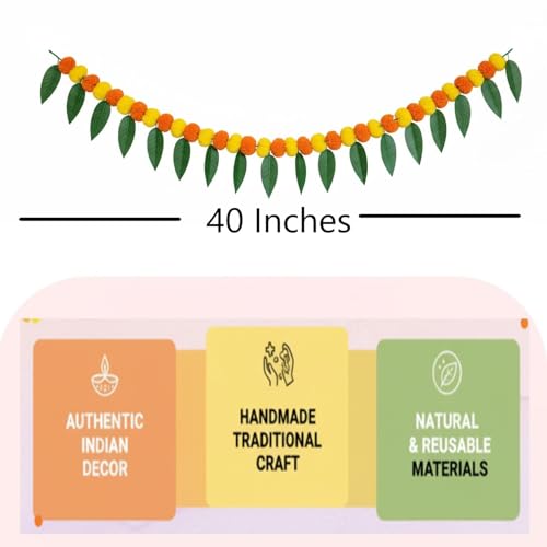Image of Divyakosh Mango Leaves Toran for Main Door - 1 Pc ; Size 40 Inch Artificial Marigold & Mango Leaf Bandhanwar for Entrance, Door Hanging Toran for Home Decor, Pooja Room & Diwali Decoration Items