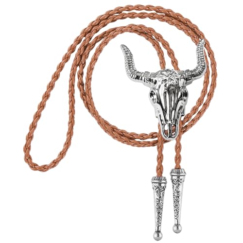 Image of GelConnie Longhorn Bull Bolo Tie for Men Native American Western Cowboy Leather Necktie Bolo Necklace for Women Gold Texas