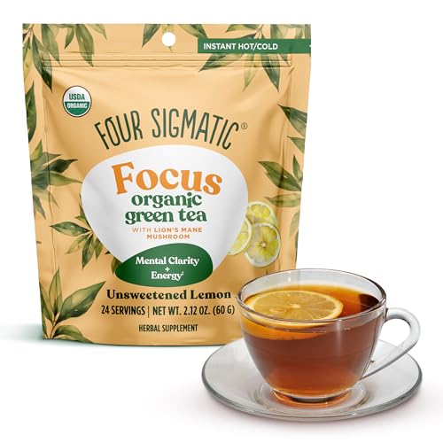 Four Sigmatic Focus Organic Green Tea | Focus Enhancing Tea with Lion's Mane Mushroom Extract | Organic Green Tea, Mint, and Rose Hips | Vegan, Gluten-Free | Unsweetened with Lemon, 24 Servings