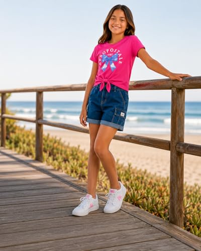 Image of AEROPOSTALE Girls Shorts Set - 2 Piece Soft Short Sleeve Graphic Tees and Twill or Denim Shorts Summer Outfits for Girls